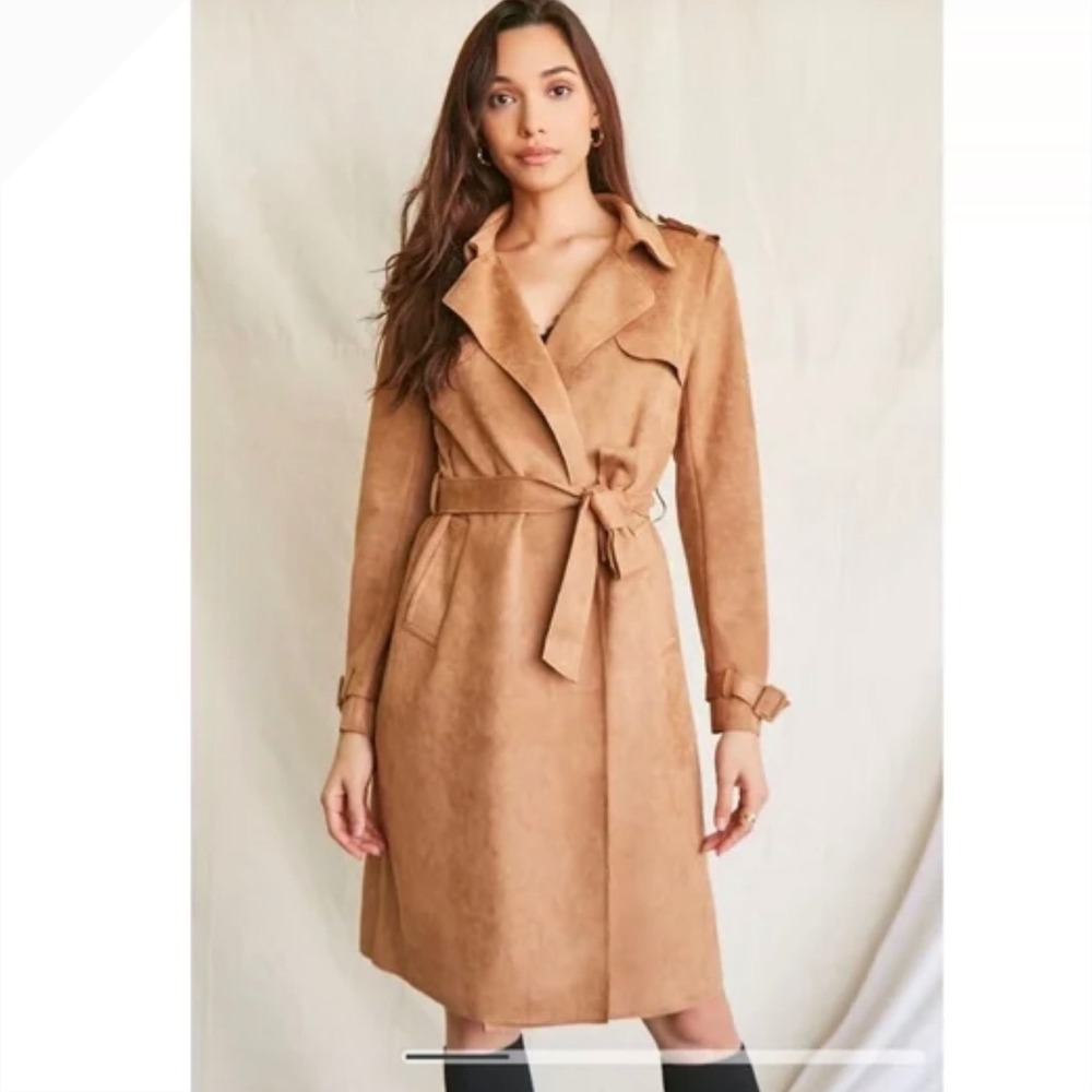 Forever 21 Trench Coat Size Medium Faux Suede Tan Beige Brown Jacket PERFECT